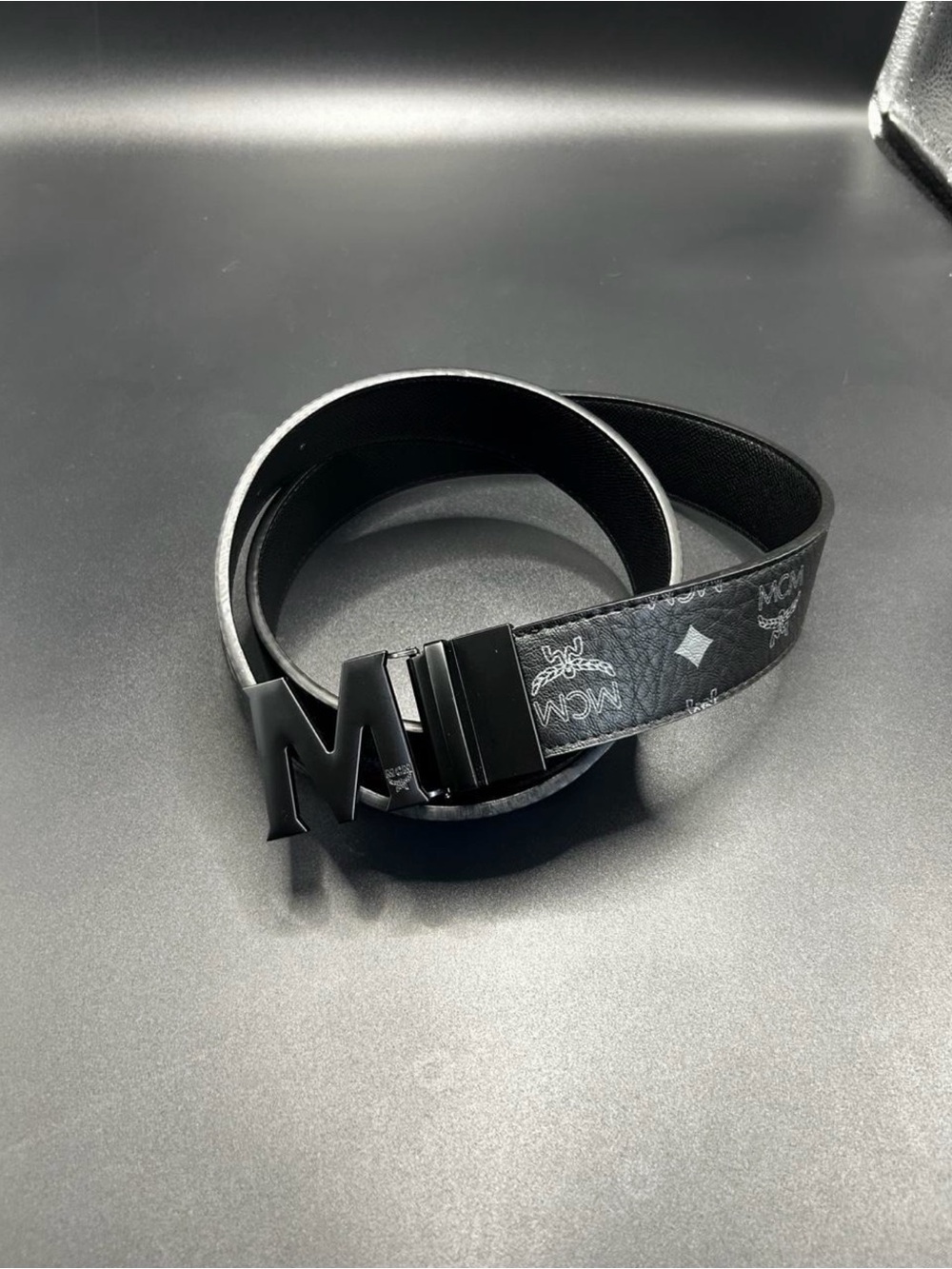 MCM Black Monogram M-Buckle Belt with Silver Accents